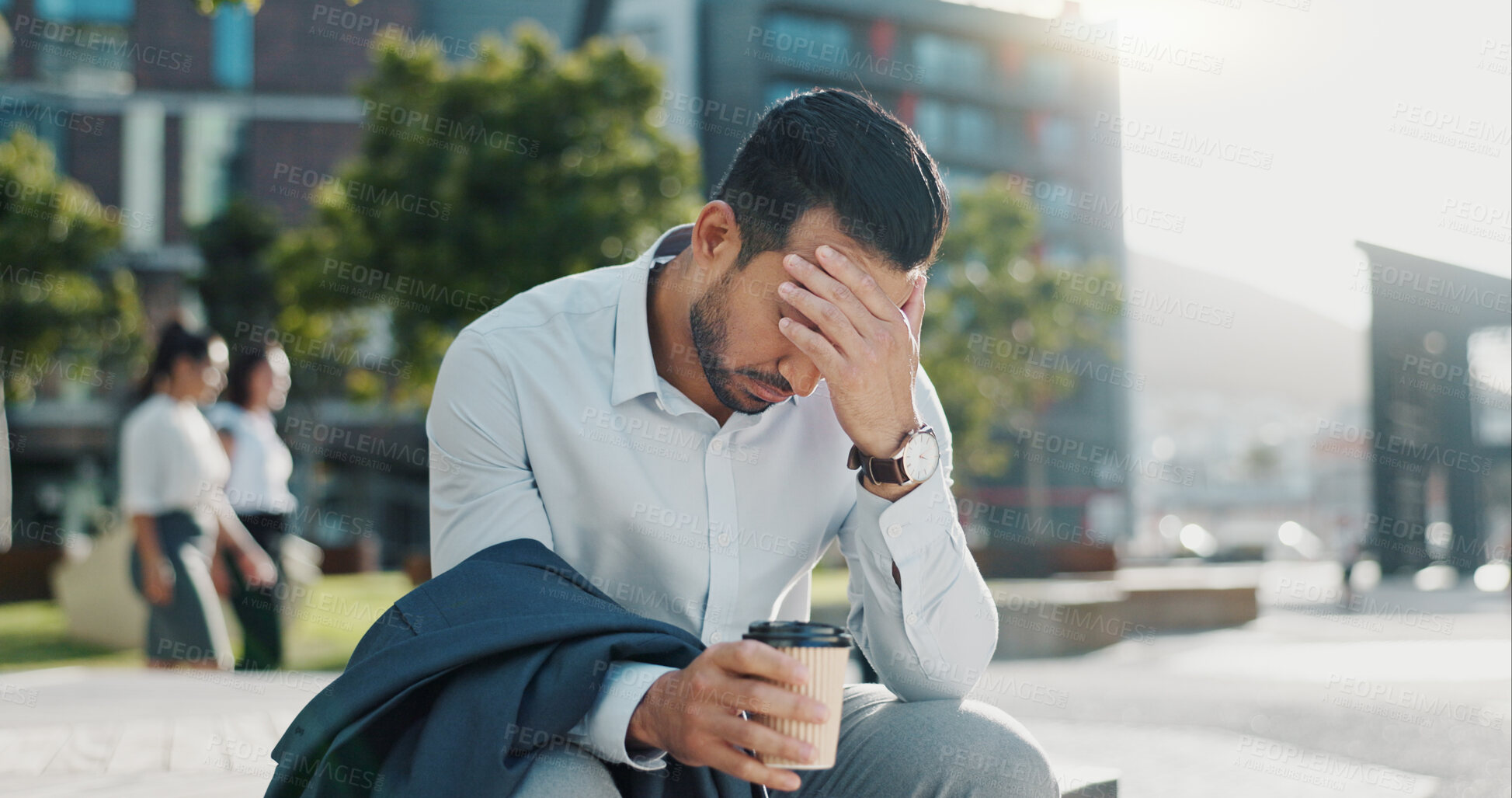 Buy stock photo Business man, stress and unemployment in city with worry, anxiety or sad for job loss on sidewalk. Professional person, employee and mental health in stock market crash, recession or financial crisis