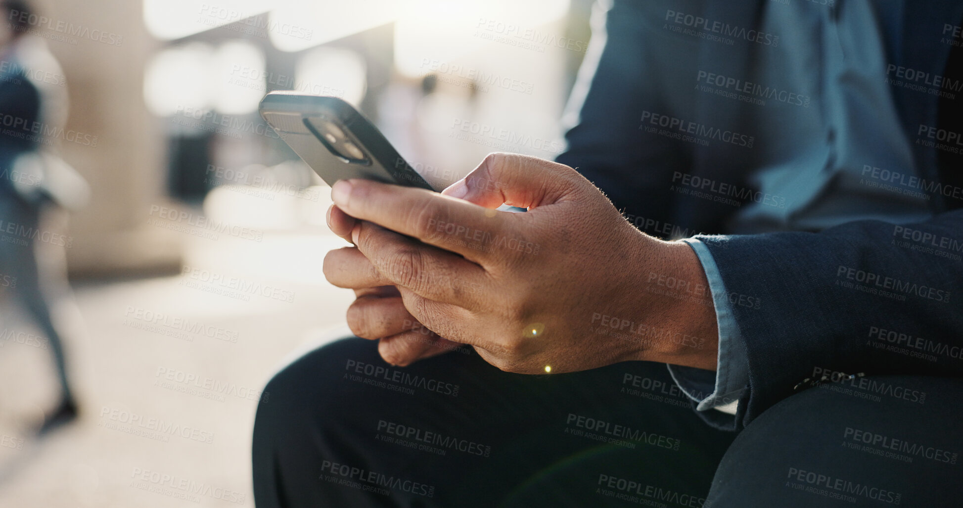 Buy stock photo Hands, phone and closeup of businessman in the city networking on social media, mobile app or internet. Technology, typing and professional male person on website with cellphone in urban town.