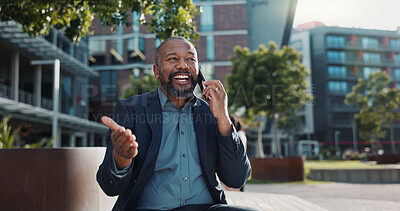 Business man, phone cal and talking in street, smile and networking for deal, negotiation or contact. African professional person, smartphone conversation or happy for communication on metro sidewalk
