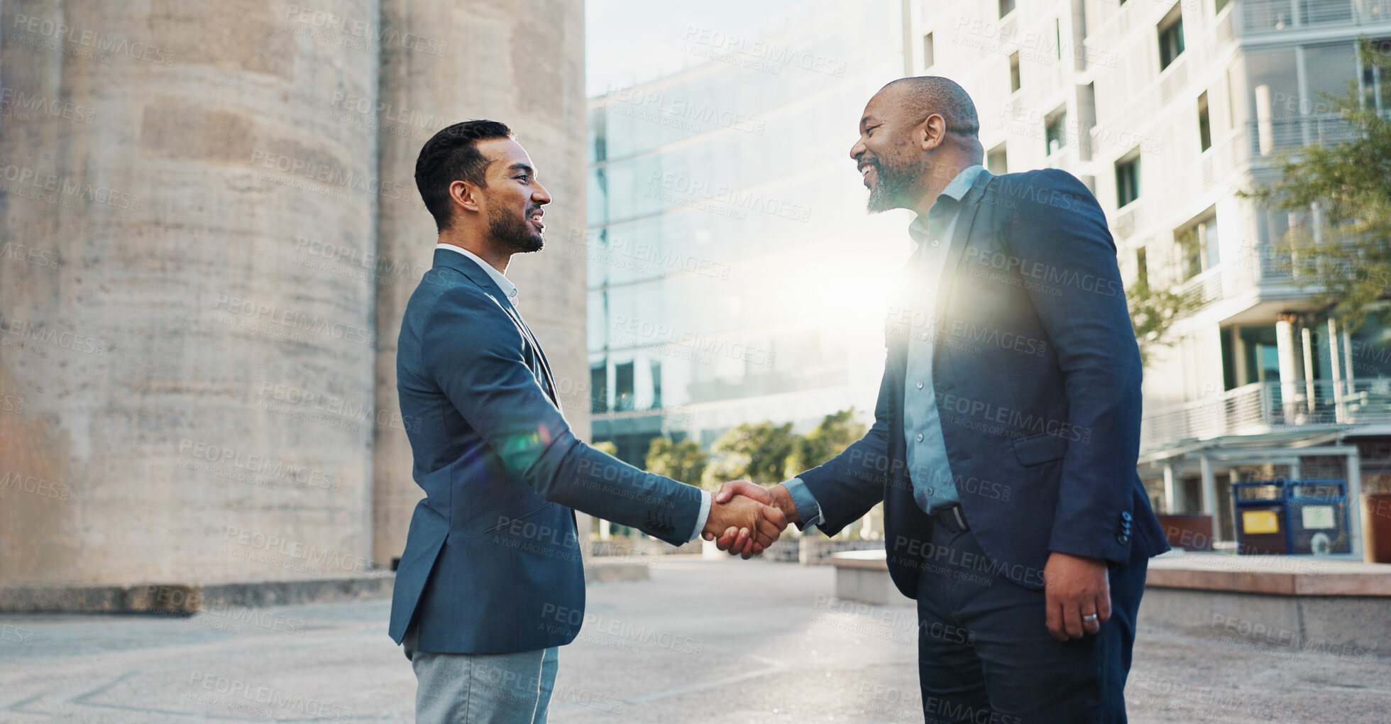 Buy stock photo Business men, friends and shaking hands in city for introduction, hello or meeting with respect, smile or welcome. People, professional staff and happy for handshake, deal or agreement for onboarding