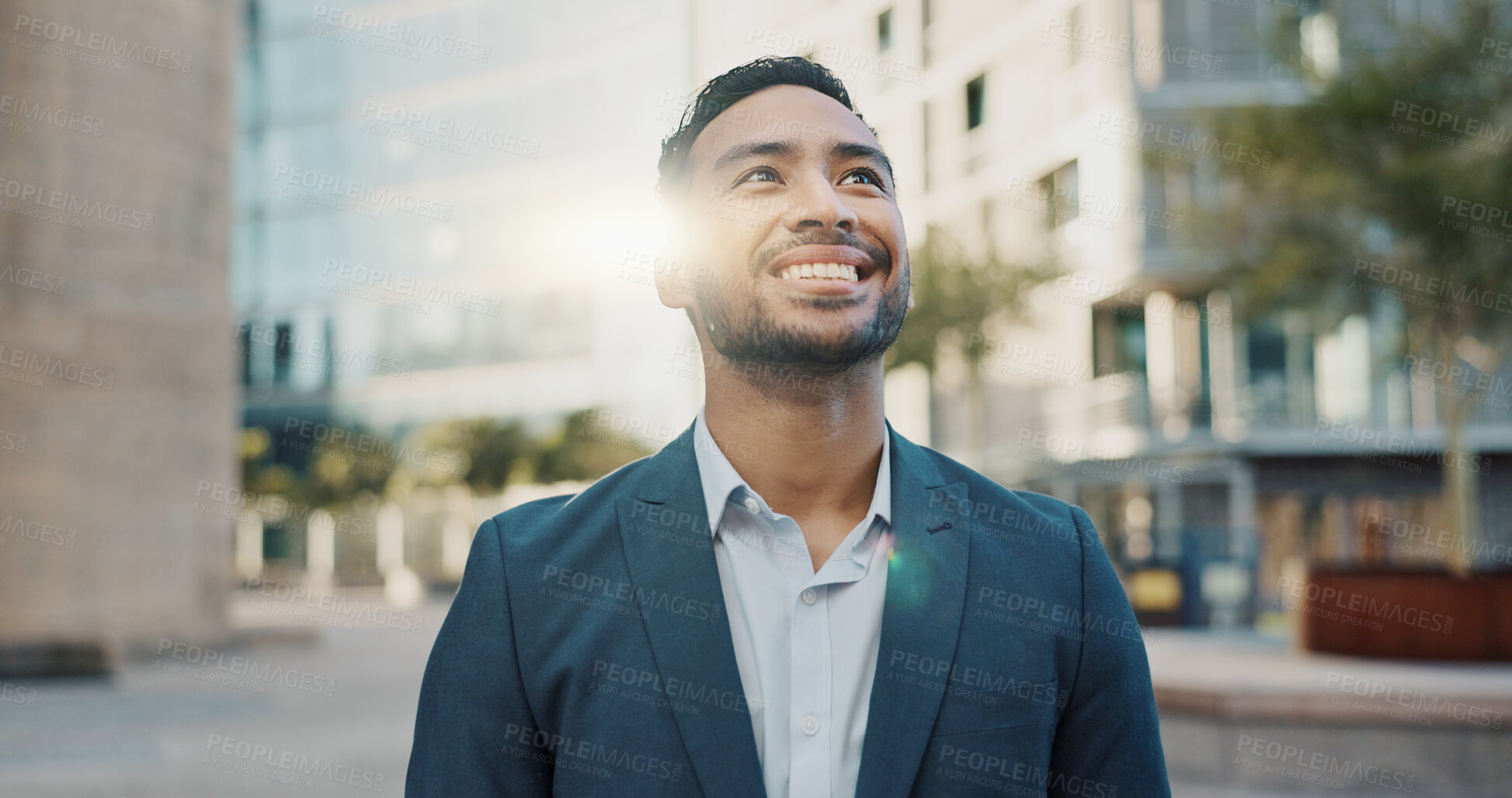 Buy stock photo Asian businessman, city and positive by buildings in morning, office view and travel to workplace in accounting career. Young person, smile and professional with ambition and working in town in cbd