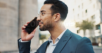 Asian businessman, phone call or happy by buildings in city, office view or talking by workplace in professional career. Young lawyer, chat or smartphone in connection or communication in cbd in town