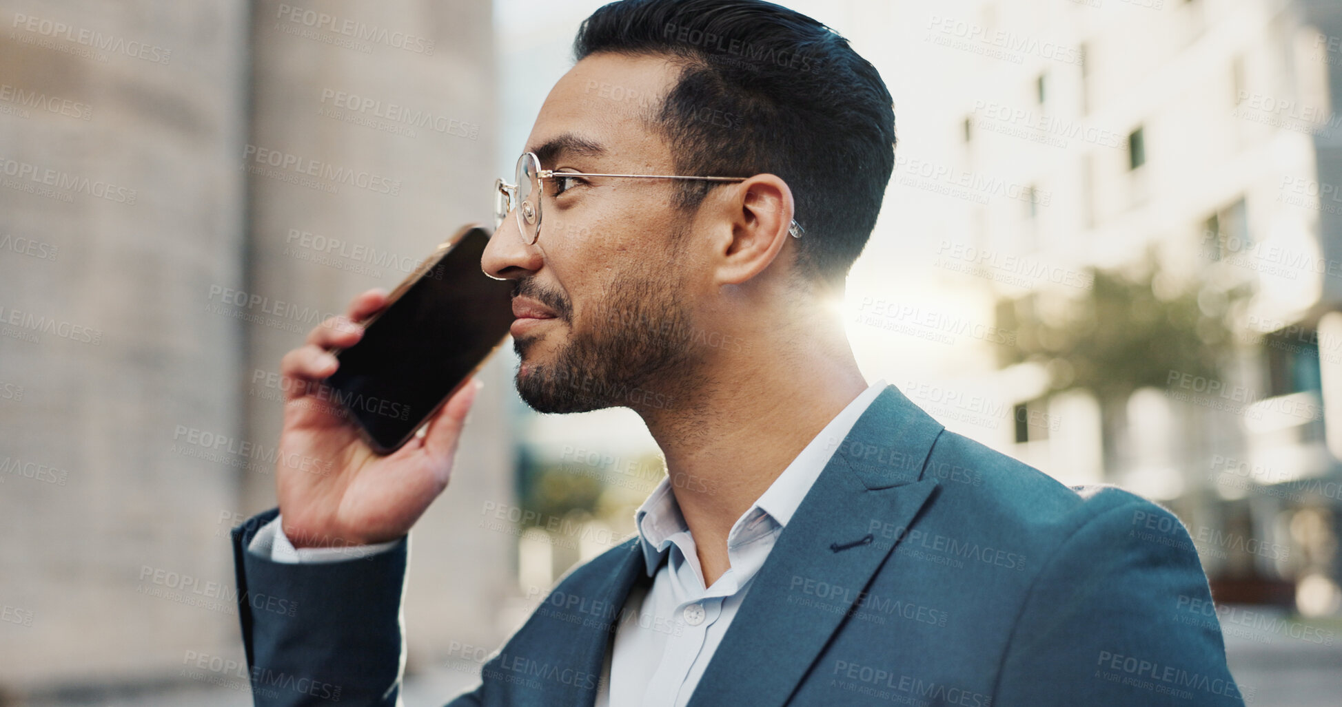 Buy stock photo Asian businessman, phone call or happy by buildings in city, office view or talking by workplace in professional career. Young lawyer, chat or smartphone in connection or communication in cbd in town