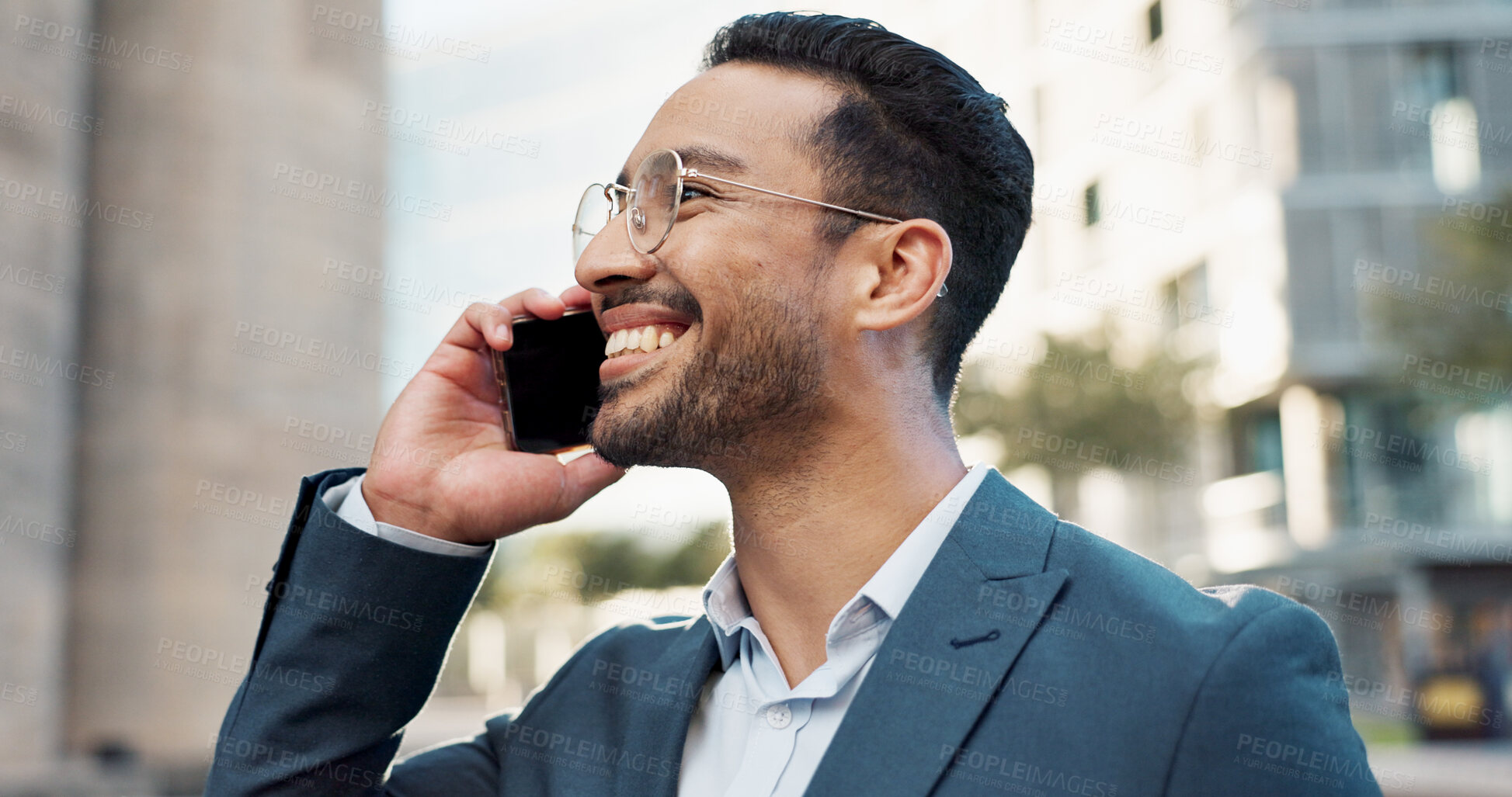 Buy stock photo Asian businessman, phone call or happy with talking in city, office buildings or view of workplace in professional career. Young lawyer, chat or smartphone in connection or discussion in cbd in town