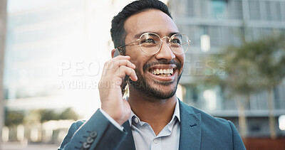 Asian businessman, phone call or happy with talking in city, office buildings or view of workplace in professional career. Young lawyer, chat or smartphone in connection or discussion in cbd in town