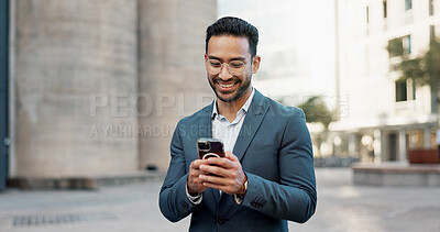 Asian businessman, mobile message and walking in city, view and confident professional in career by office buildings. Young lawyer, chat and smartphone for connection and technology in cbd in town