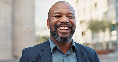 Face, business and laughing black man in city outdoor in the morning on lens flare. Portrait, happy and professional lawyer in town, attorney and funny employee working in South Africa for career