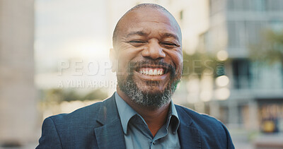 Face, business and laughing black man in city outdoor in the morning on lens flare. Portrait, happy and professional lawyer in town, attorney and funny employee working in South Africa for career