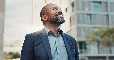 Business man, smile and city with entrepreneur, smile and happy from morning commute and travel. Confidence, view and urban building with an African male professional ready for working at a job