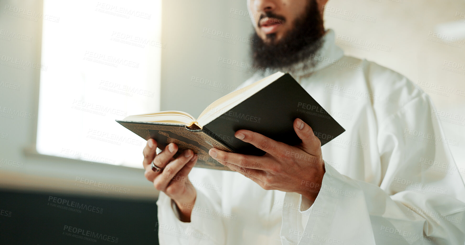 Buy stock photo Muslim man, reciting and mosque for reading quran with faith, idea or culture for worship, praise or study. Islamic person, religion and peace in book, prayer and thinking for meditation in Palestine