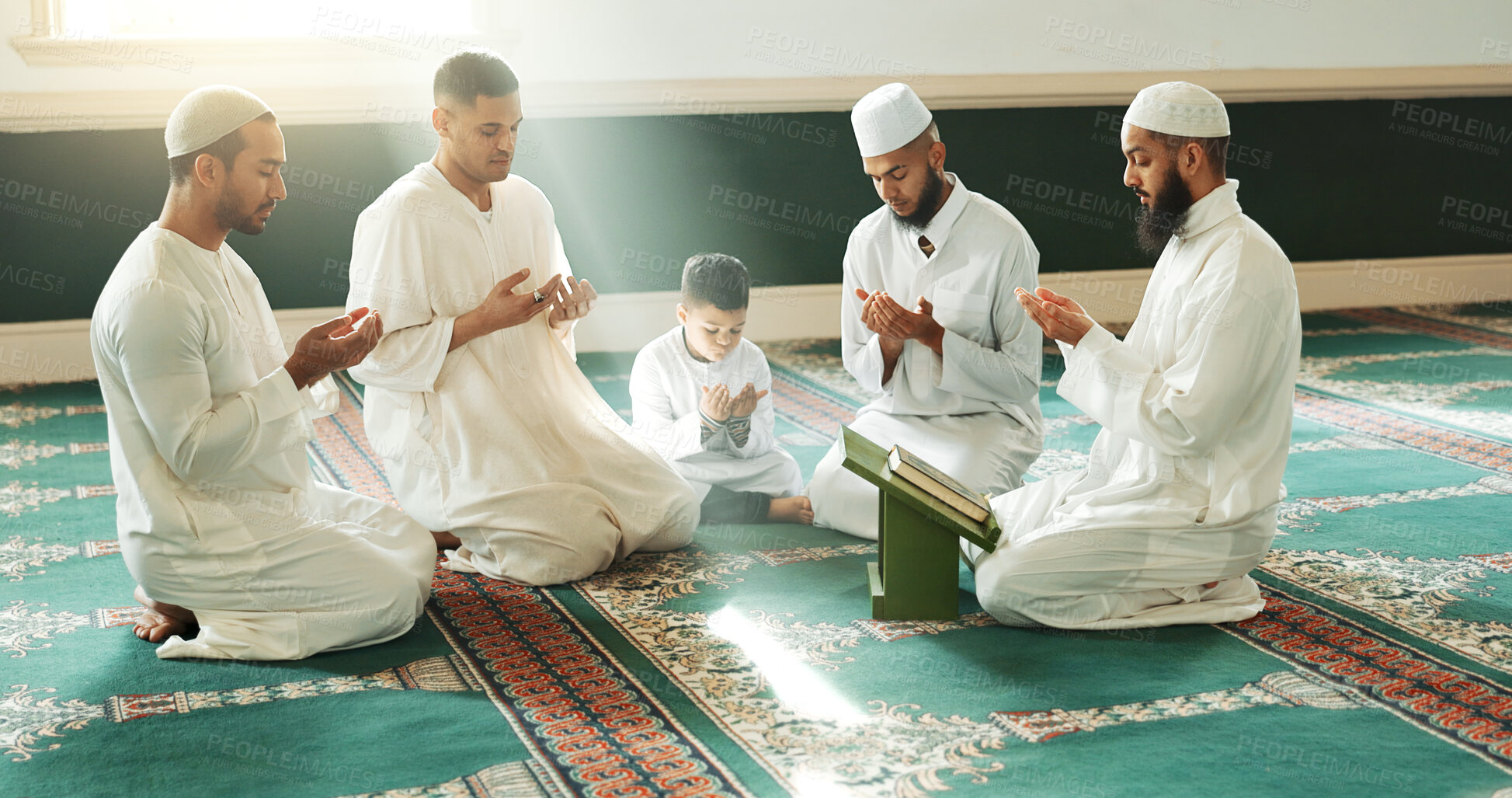 Buy stock photo Muslim, praying and men with child in Mosque for spiritual religion together as family to worship Allah in Ramadan. Islamic, Arabic and holy people with peace or respect for gratitude, trust and hope