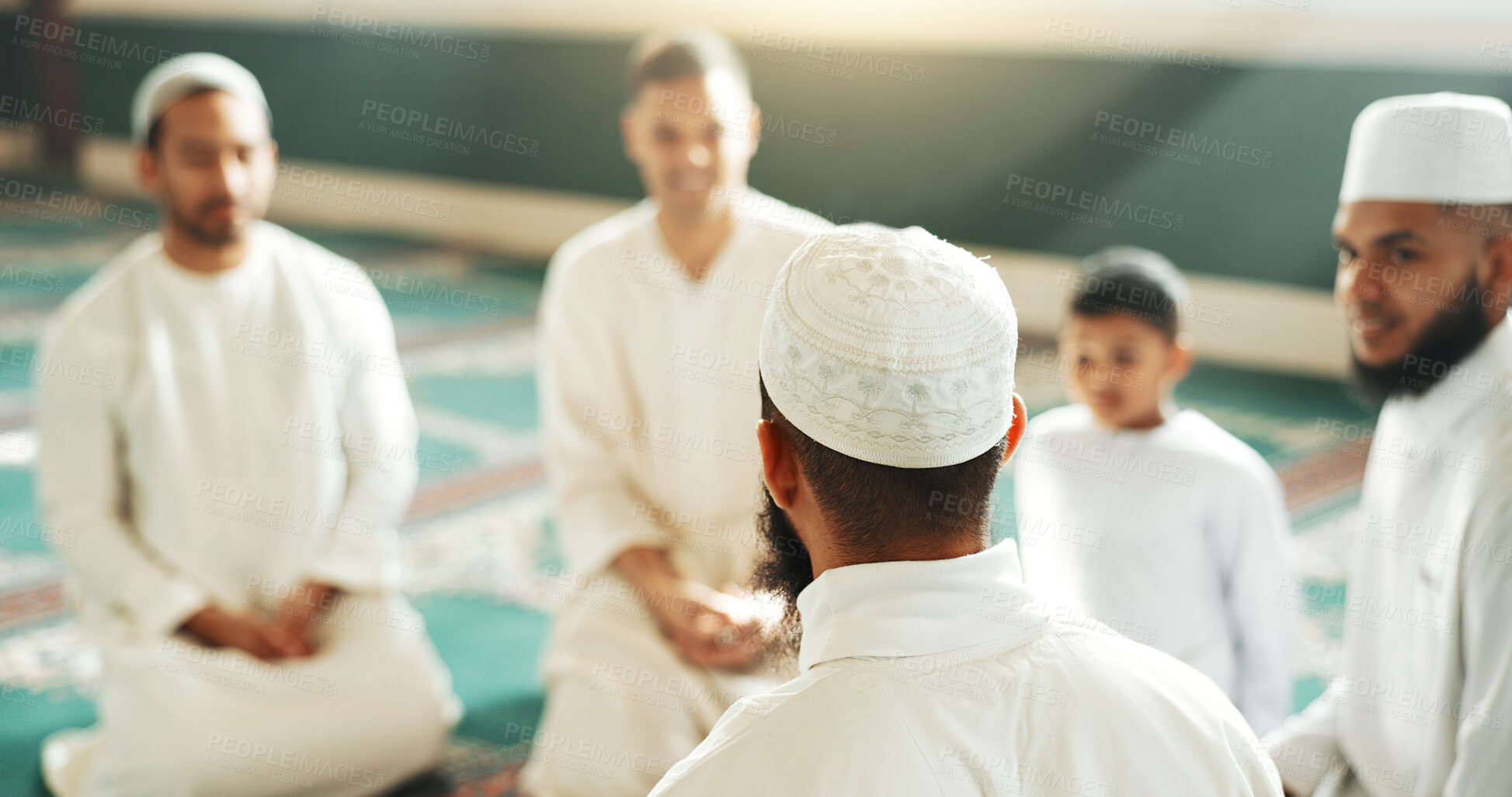 Buy stock photo Islam, discussion and group of men in mosque with child, mindfulness and faith gratitude. Worship, religion and love, Muslim people together in holy temple for praise and spiritual teaching with boy.