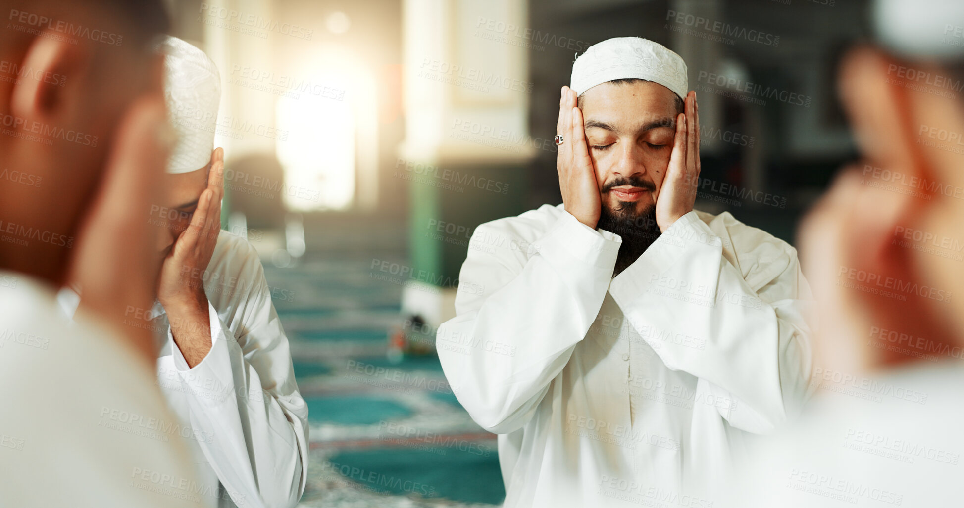 Buy stock photo Faith, islamic or men in a mosque for praying, peace and spiritual care in holy religion for Allah. Eyes closed, Ramadan, meditaion or happy Muslim people with trust, hope or gratitude to worship God