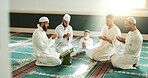 Islam, prayer and group of men in mosque with child, mindfulness and gratitude in faith. Worship, religion and Muslim people together in holy temple for praise, spiritual teaching and peace with boy.