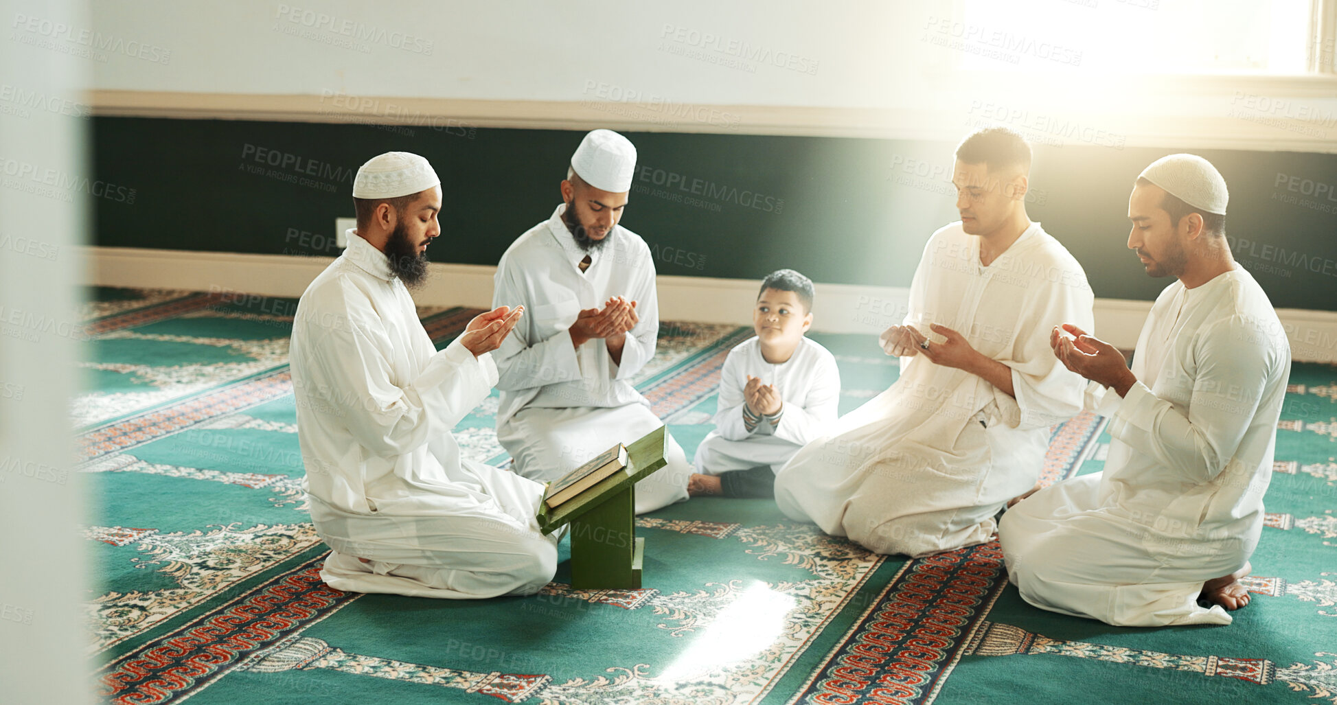 Buy stock photo Islam, prayer and group of men in mosque with child, mindfulness and gratitude in faith. Worship, religion and Muslim people together in holy temple for praise, spiritual teaching and peace with boy.