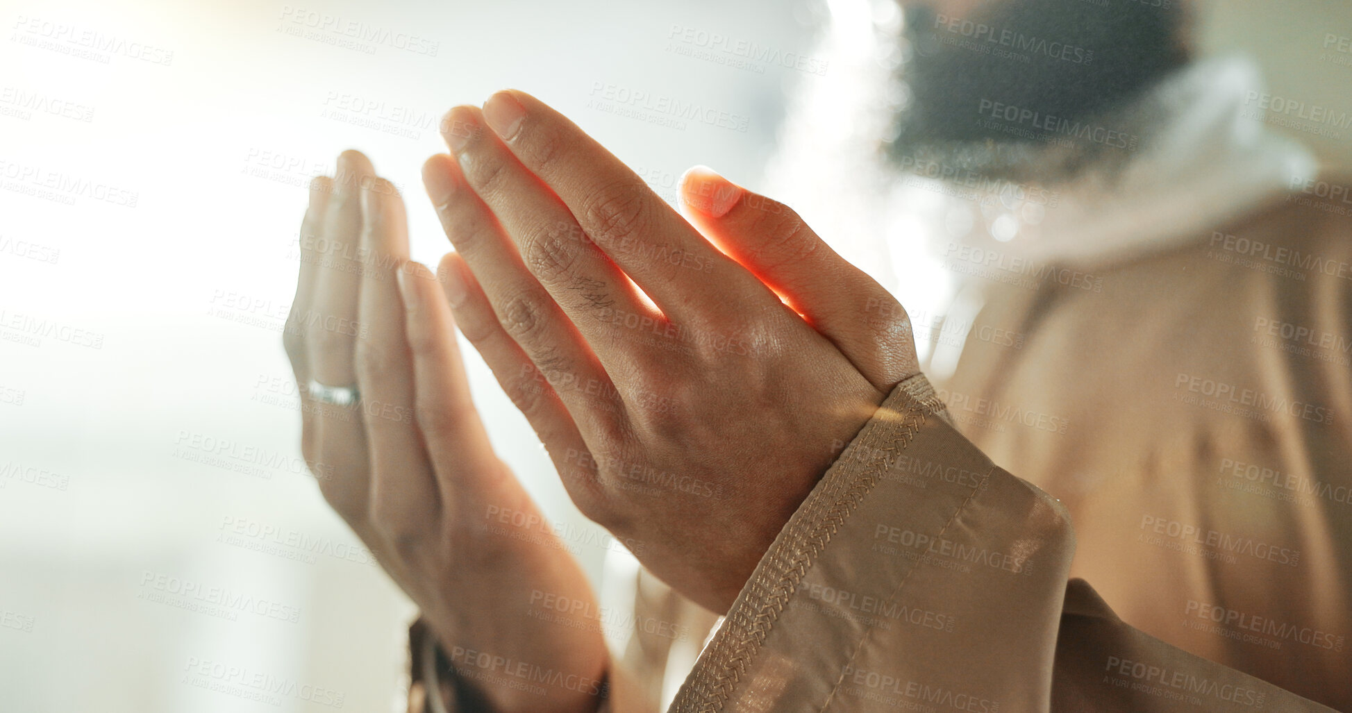 Buy stock photo Mosque, prayer and hands of Islamic man with love, mindfulness and gratitude in faith. Worship, religion and Muslim teacher in holy temple praise, spiritual teaching and peace Ramadan in Morocco.