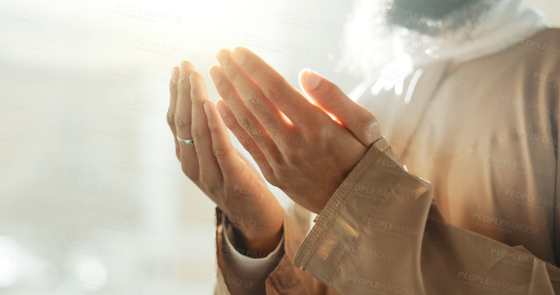 Buy stock photo Islam, prayer and hands of man in mosque with love mindfulness and gratitude in faith for Eid. Worship, religion and Muslim person in holy temple praise, spiritual teaching and peace in ramadan.