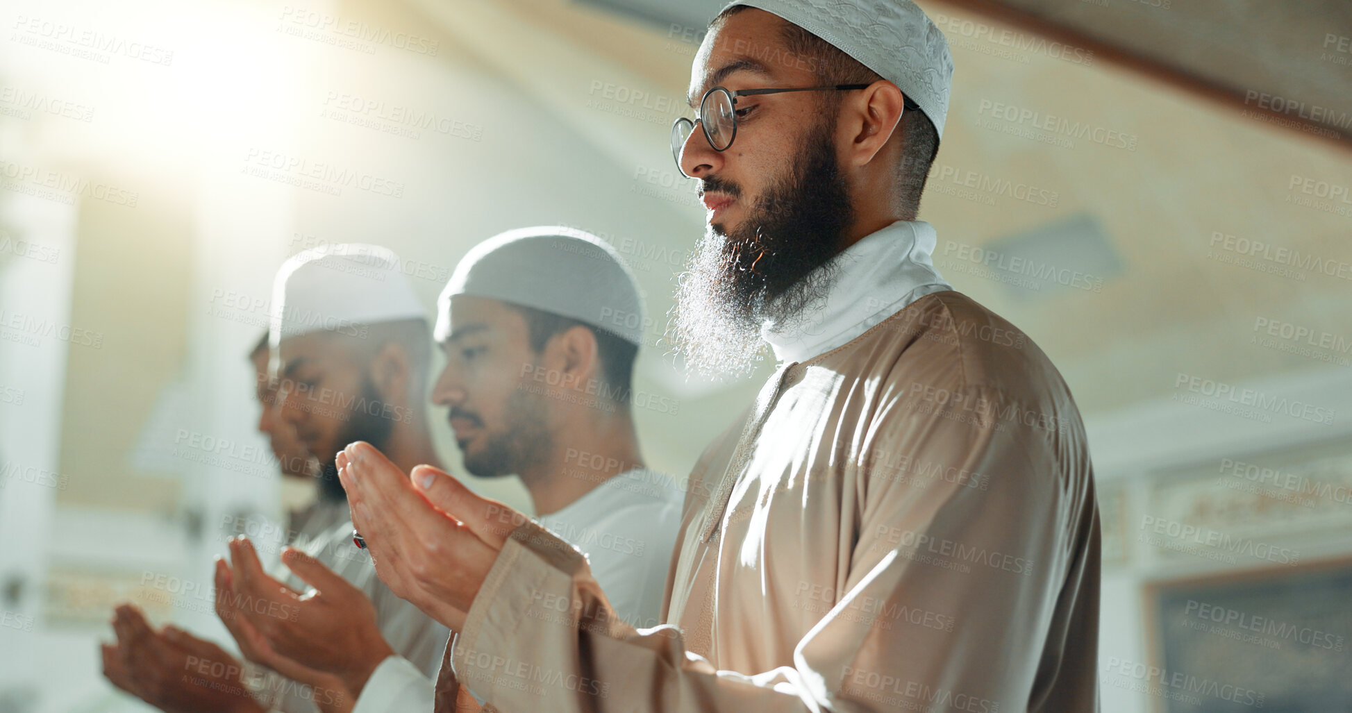 Buy stock photo Islam, praise and group of men in mosque praying with mindfulness, gratitude and celebration of faith. Worship, religion and Muslim people together in holy temple for spiritual teaching and peace.