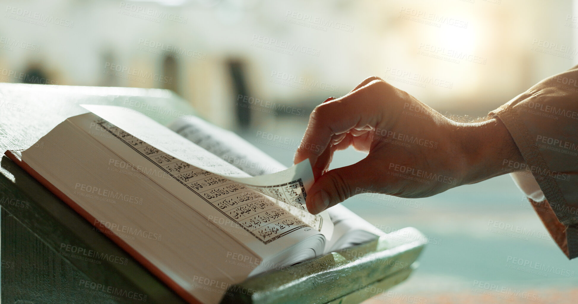 Buy stock photo Hands, Quran and closeup of woman reading in mosque for religion study, faith or worship. Gratitude, praise and zoom of muslim female person with holy book for spiritual wellness in islamic temple.