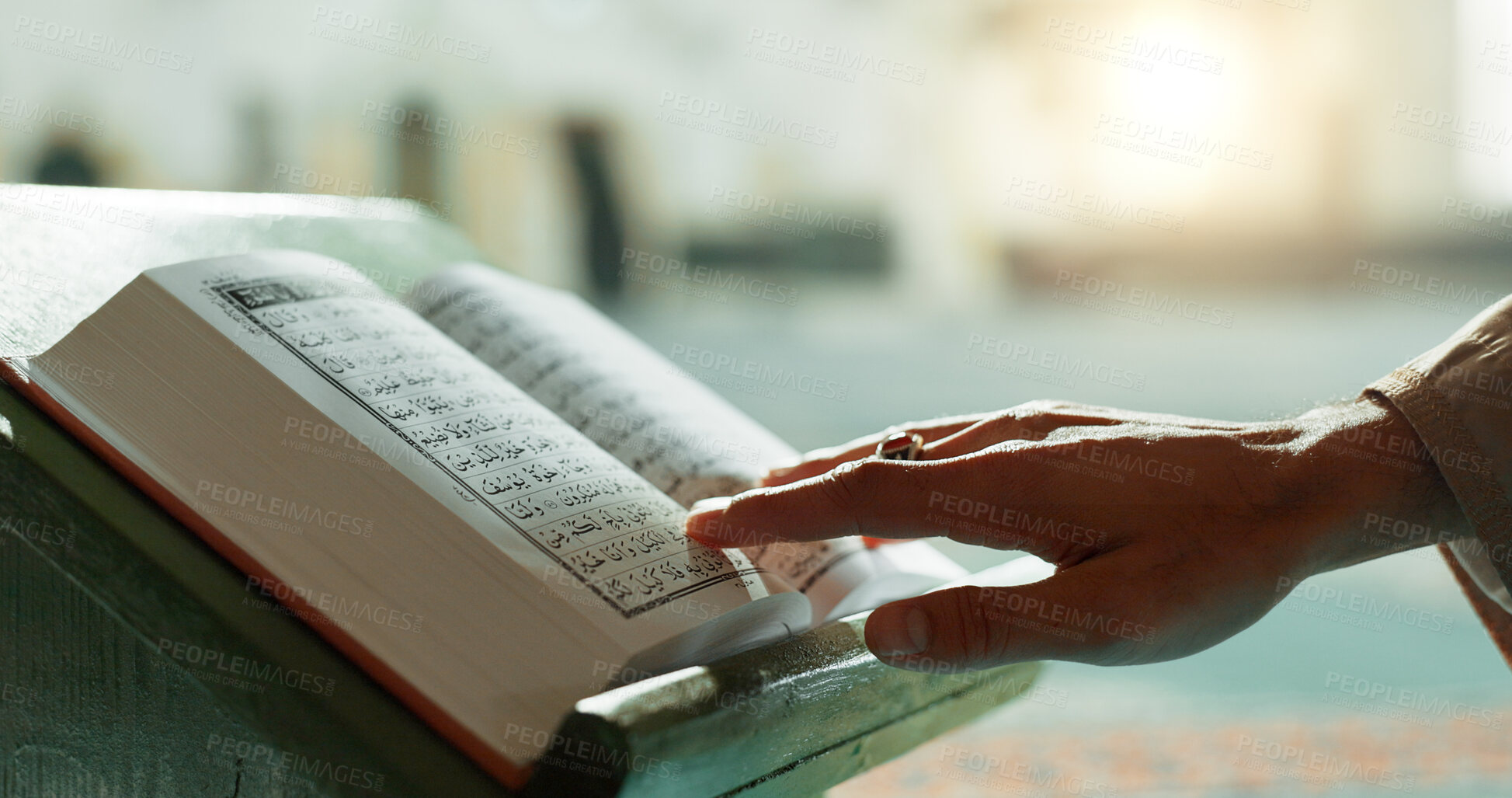 Buy stock photo Hands, Quran and closeup of woman reading in mosque for religion study, faith or worship. Gratitude, praise and zoom of muslim female person with holy book for spiritual wellness in islamic temple.