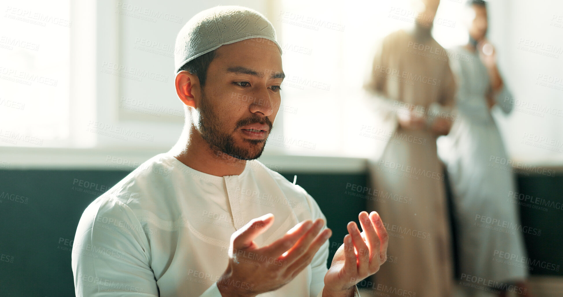 Buy stock photo Islam, prayer and man in mosque with faith, mindfulness and gratitude with commitment to faith. Worship, religion and Muslim person in holy temple praise, spiritual teaching and learning with peace.