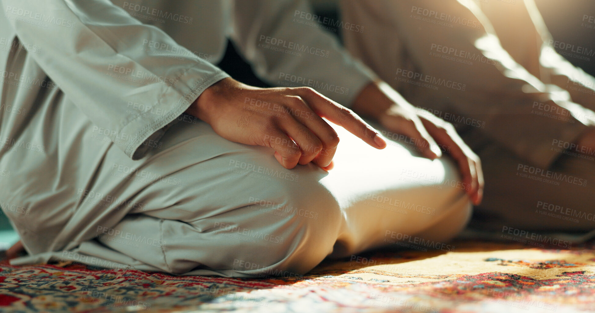 Buy stock photo Islam, prayer and men in mosque on knees, mindfulness and gratitude in faith, love and commitment. Worship, religion and Muslim people together in holy temple praise, spiritual teaching and peace.