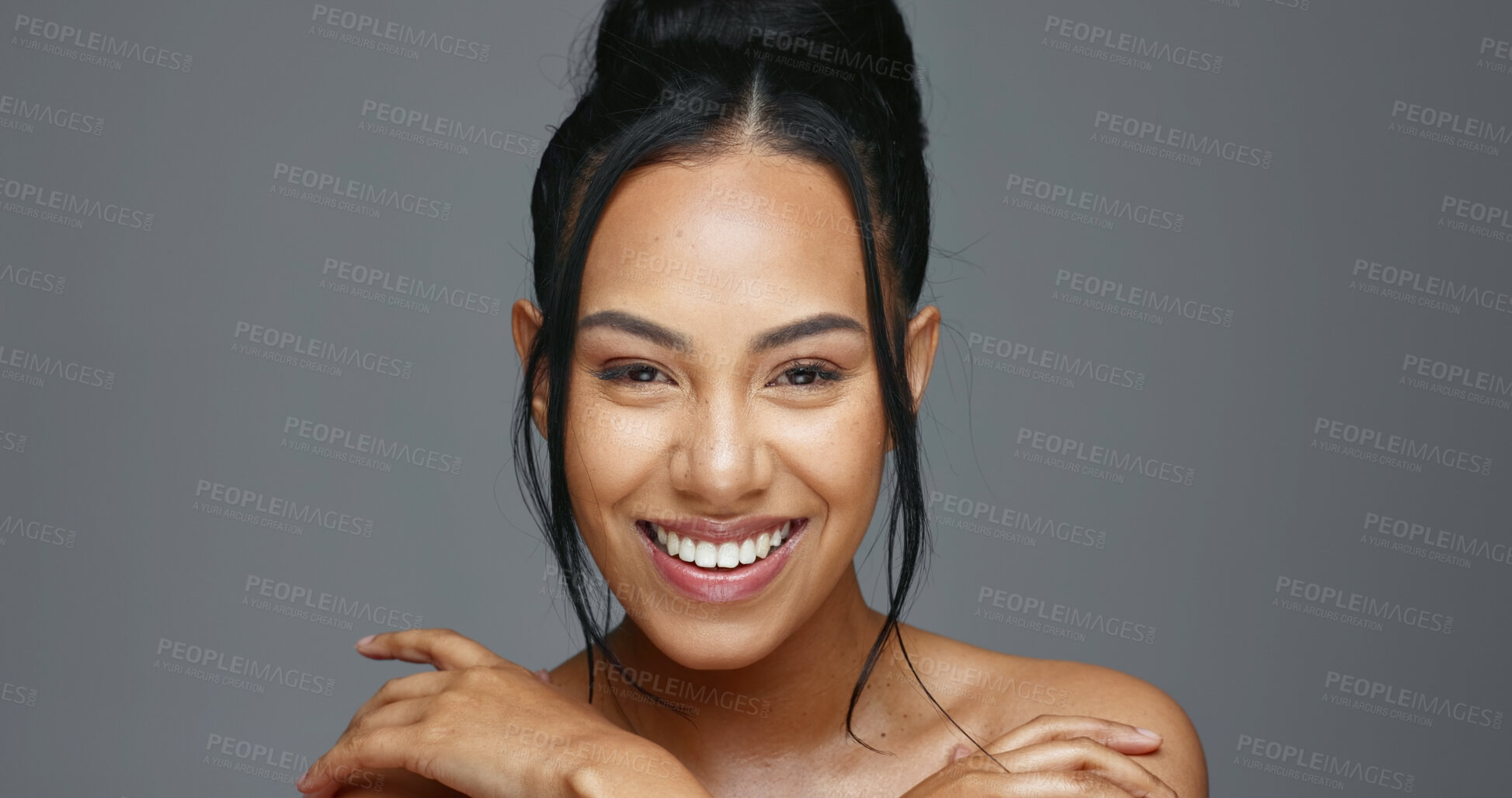 Buy stock photo Face, skincare and beauty of woman in studio isolated on a gray background mockup space. Portrait, natural and serious model in spa facial treatment for aesthetic, cosmetic and wellness for health