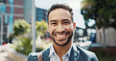 Face, happy and business man in street outdoor in the morning for travel, commute or trip. Portrait, smile and professional lawyer in city, attorney and employee working in Mexico for career or job
