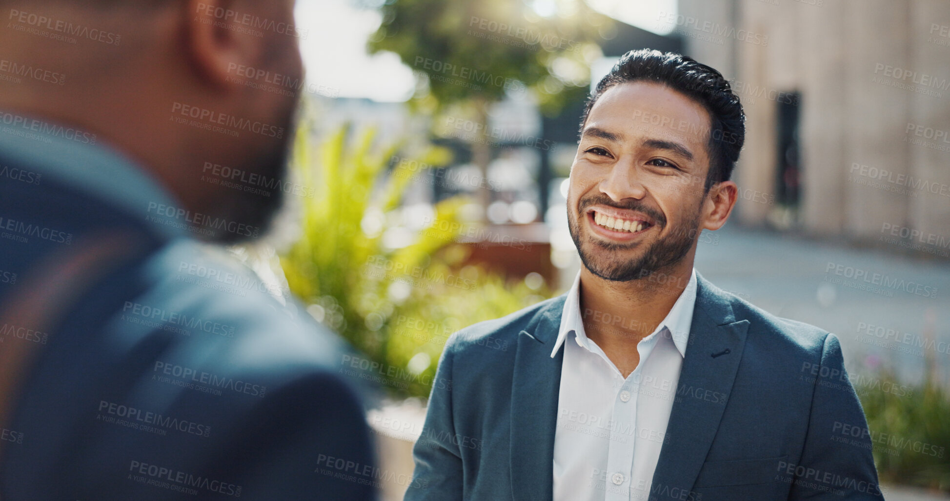 Buy stock photo Business people, laughing and talking outdoor in city with morning commute, partnership and travel. Employees, workers and chat with conversation, collaboration and happy for networking in urban town