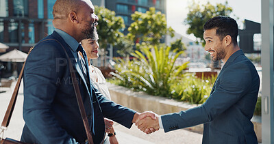 Business people, welcome and handshake in city meeting for partnership, intro or collaboration outdoor. Hello, shaking hands and team outside with thank you, support or onboarding negotiation success