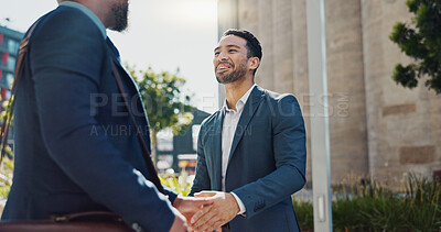 Business men, friends and handshake in city for greeting, hello and meeting with respect, smile and welcome. People, professional staff and happy for shaking hands, deal or agreement for networking