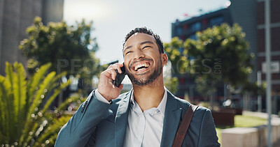 Phone call, smile and businessman commuting in city to work with communication for legal deal. Happy, talking and professional male attorney on mobile conversation for law case walking in urban town.