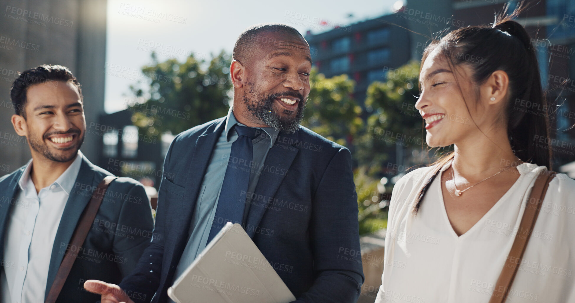 Buy stock photo Business people, travel and group in city with discussion on morning commute, partnership and walking. Employees, man and woman with conversation, collaboration and networking outdoor in urban town