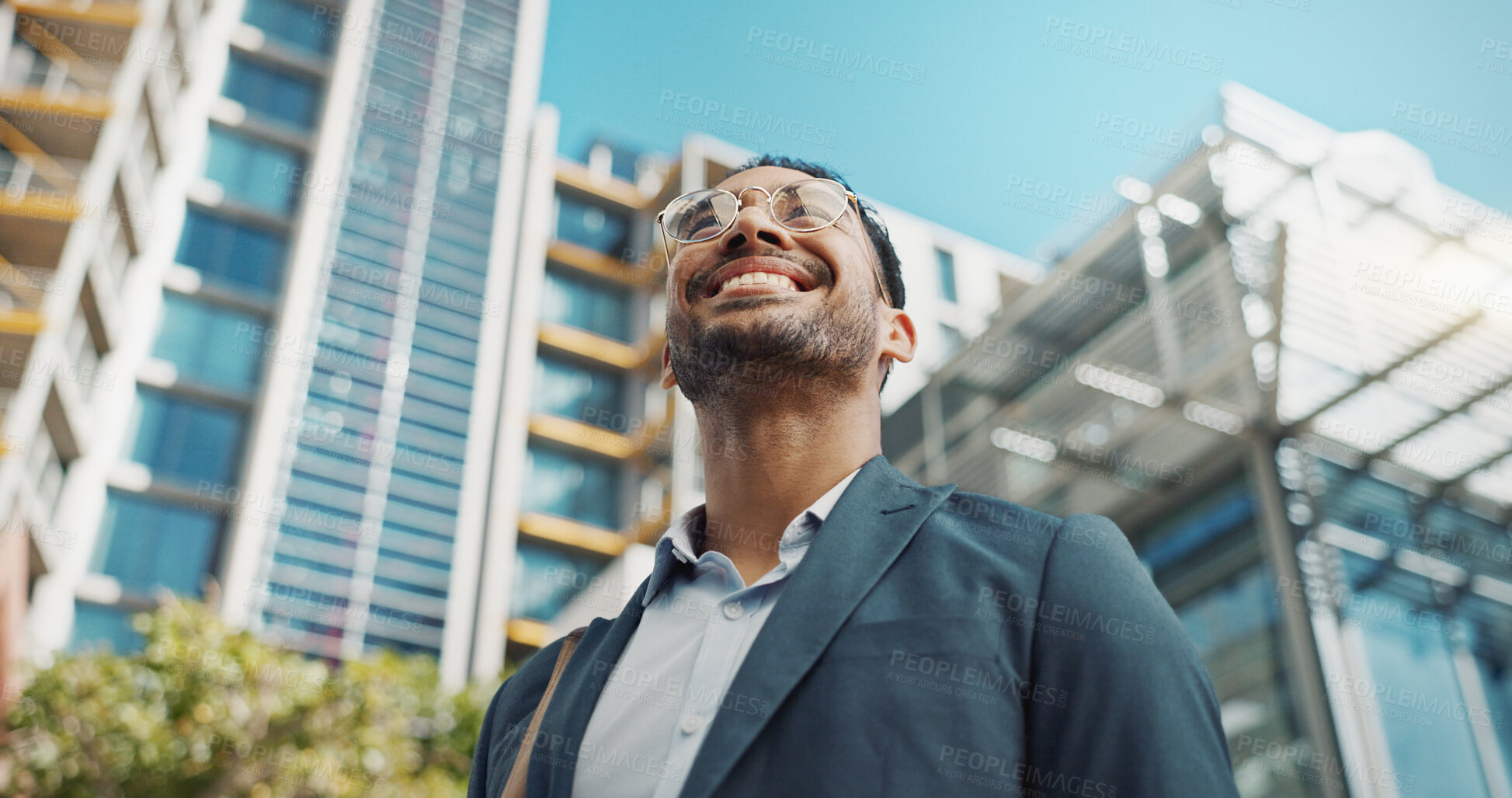 Buy stock photo Asian businessman, city and happy by office buildings in morning, view and travel to workplace in accounting career. Young lawyer, positive and professional with ambition and working in town in cbd