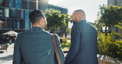 City, funny and walking with business men outdoor together on morning commute to corporate job. Collaboration, travel or back with mentor and employee laughing on sidewalk or street of urban town