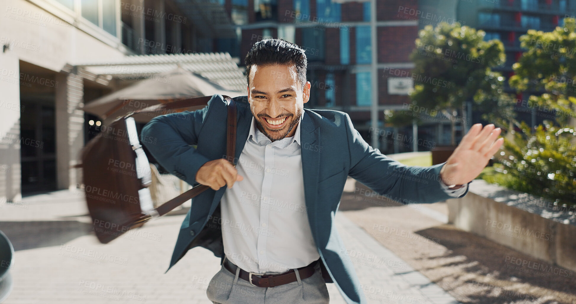 Buy stock photo Business, outdoor and dancing with man, celebration and smile with happiness and promotion. Expression, Japanese person or entrepreneur with movement or energy with professional, achievement or bonus