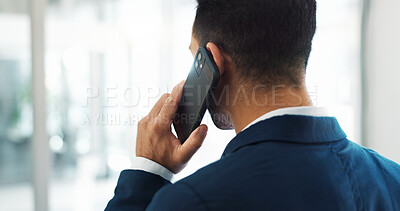 Startup, deal or back of businessman on a phone call talking, networking or speaking of ideas in office. Listening, mobile communication or male entrepreneur in conversation for a negotiation offer