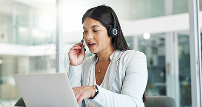 Business woman, call center consultant and laptop for customer service, support or advice in office. Professional Mexican advisor or happy agent in headphones for contact us or e commerce on computer