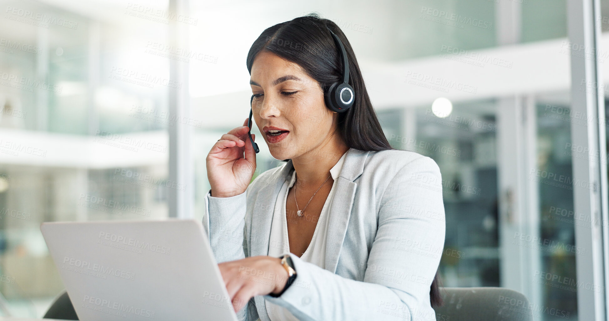 Buy stock photo Business woman, call center consultant and laptop for customer service, support or advice in office. Professional Mexican advisor or happy agent in headphones for contact us or e commerce on computer