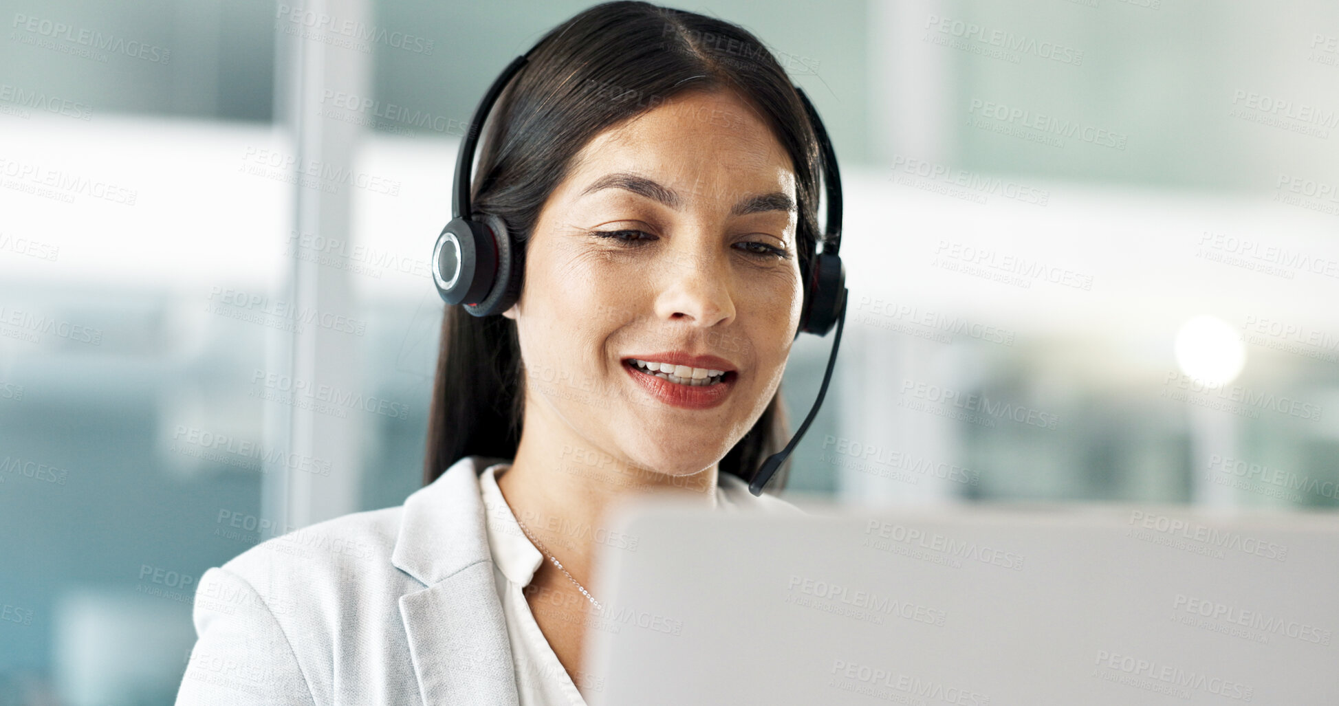 Buy stock photo Business woman, consultant and call center on computer in customer service, support or advice in office. Professional Philippines advisor or agent in headphones for contact us or e commerce on laptop