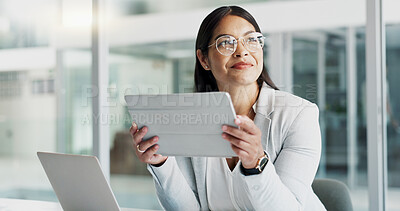 Thinking, happy or businesswoman with tablet or ideas for blog, post or social media research in office. Digital agency, tech or social media manager reading online or planning for update with smile
