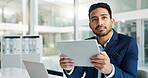 Business man, thinking of ideas and tablet for investment, email or stock market solution in office. Young trader or corporate employee with vision, online goals or target with digital technology