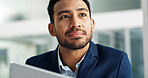 Business man, thinking and planning on computer for ideas, brainstorming and legal review in office or law firm. Young Asian lawyer or corporate employee with vision and online solution for report