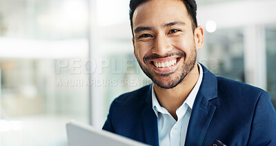 Happy man, reading on tablet and planning for law firm research, online article review and business results. Lawyer or corporate employee with ideas, solution or email feedback on digital technology