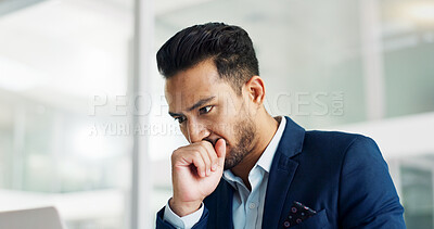 Business man, thinking and stress on computer for legal research, law firm problem solving or decision in office. Aisan person or lawyer with doubt, mistake or ideas on laptop for report or article