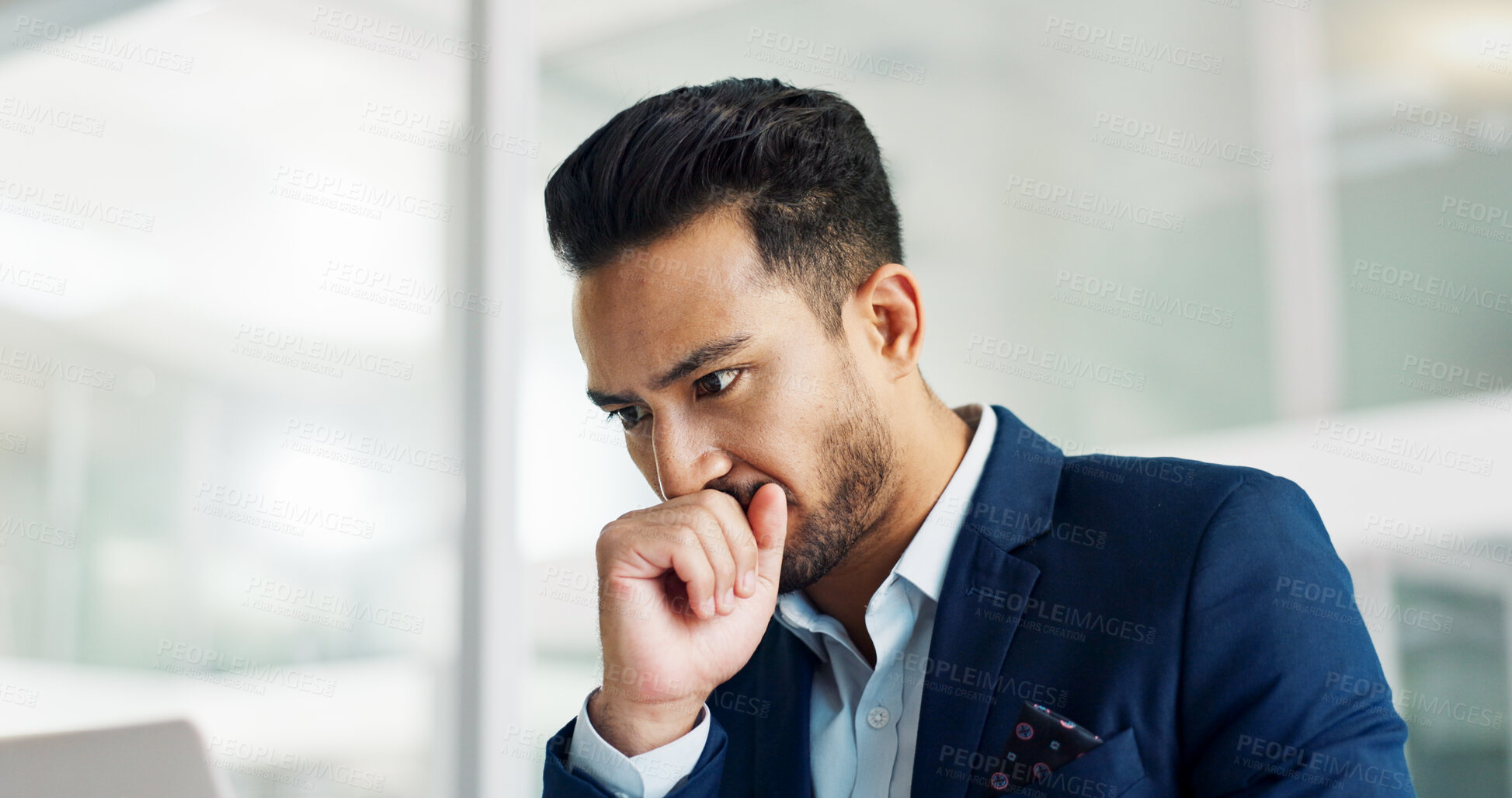 Buy stock photo Business man, thinking and stress on computer for legal research, law firm problem solving or decision in office. Aisan person or lawyer with doubt, mistake or ideas on laptop for report or article