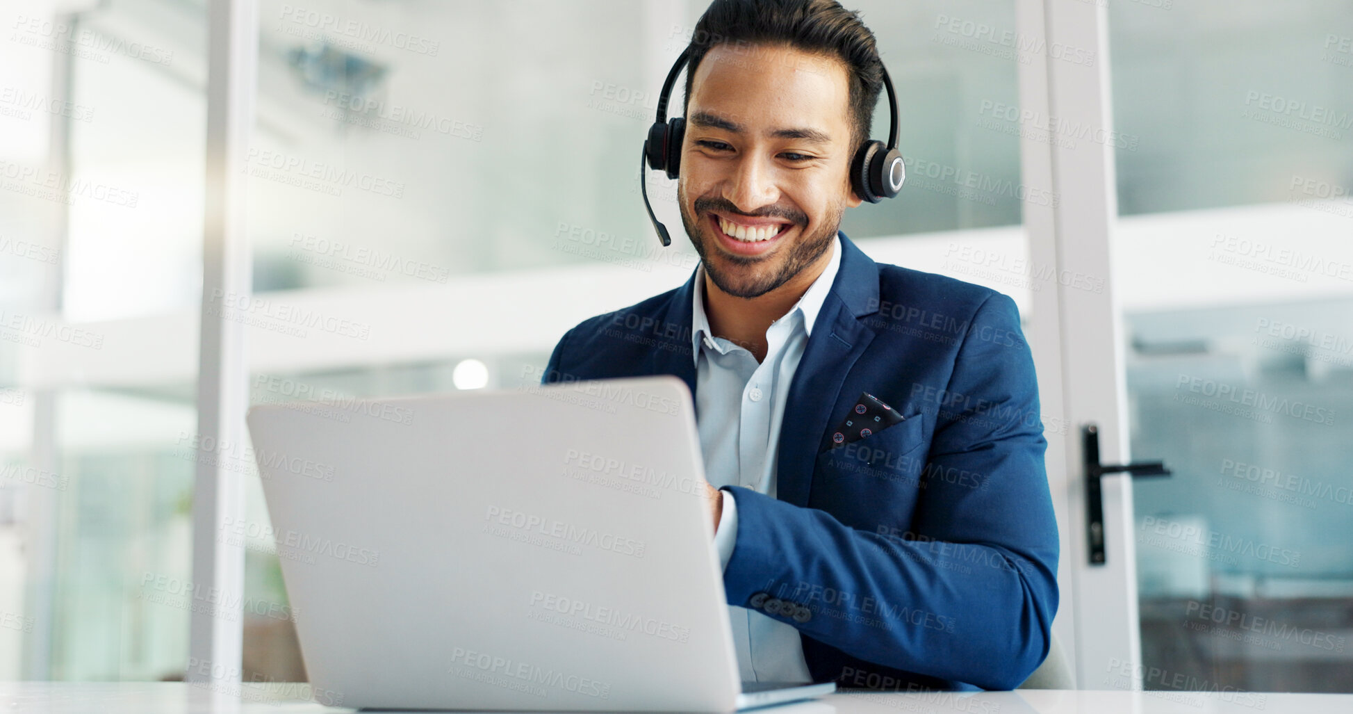 Buy stock photo Laptop, smile and business man in call center office with headset for customer support or service. Computer, contact and communication with happy employee working in tech agency for consulting