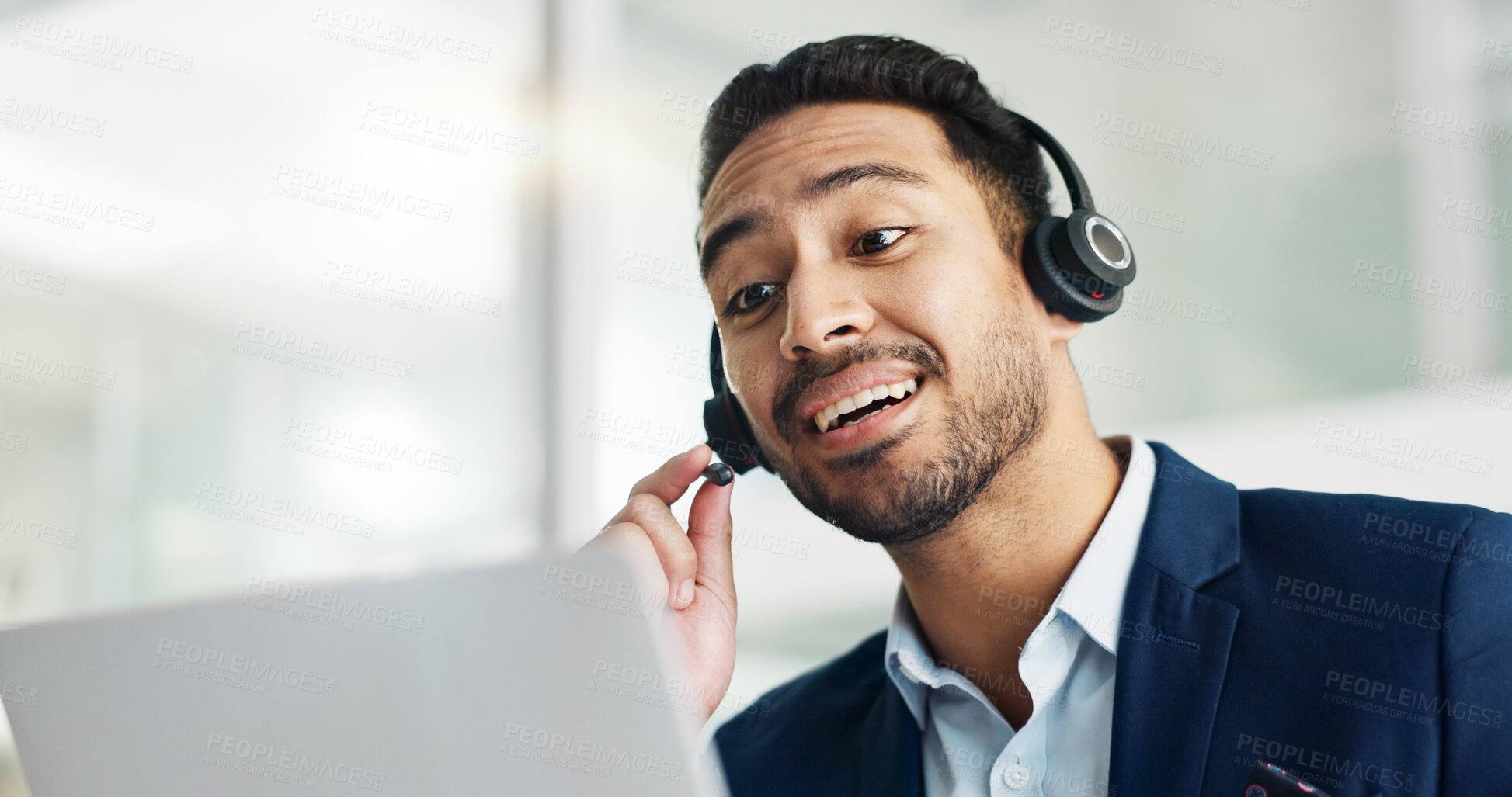 Buy stock photo Laptop, problem solving and business man in call center with headset for customer support or service. Smile, computer and consulting with happy employee working in tech agency for contact us online