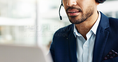 Laptop, mouth and business man in call center with headset for customer support or service closeup. Smile, computer and contact with happy employee working in tech agency for online consulting