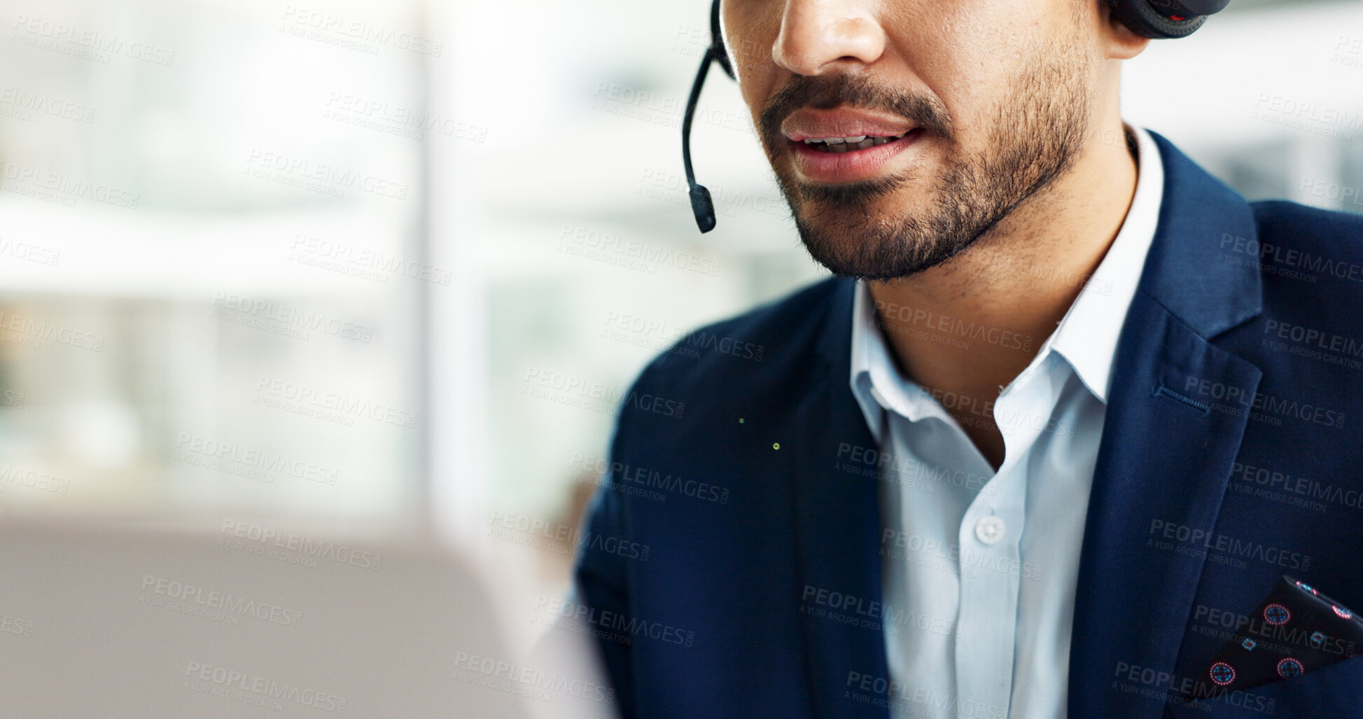 Buy stock photo Laptop, mouth and business man in call center with headset for customer support or service closeup. Smile, computer and contact with happy employee working in tech agency for online consulting